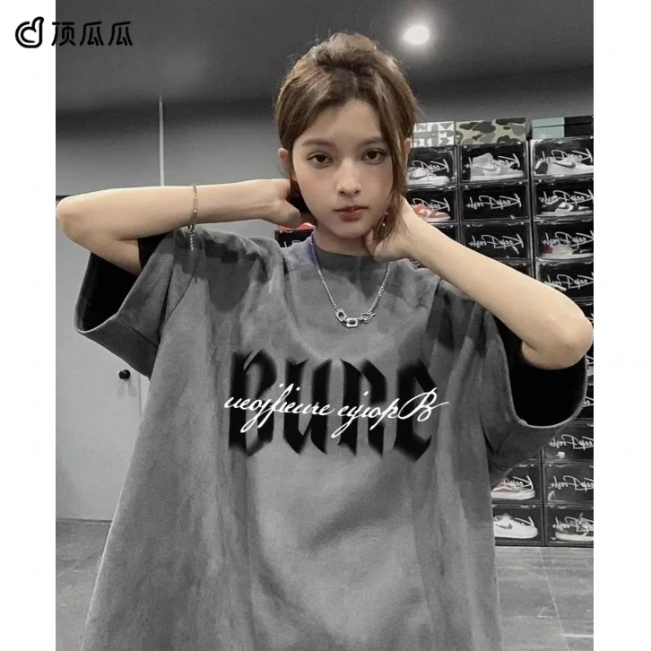 顶瓜瓜特大码300斤美式高街仿麂皮绒短袖t恤男女夏季宽松显瘦上衣