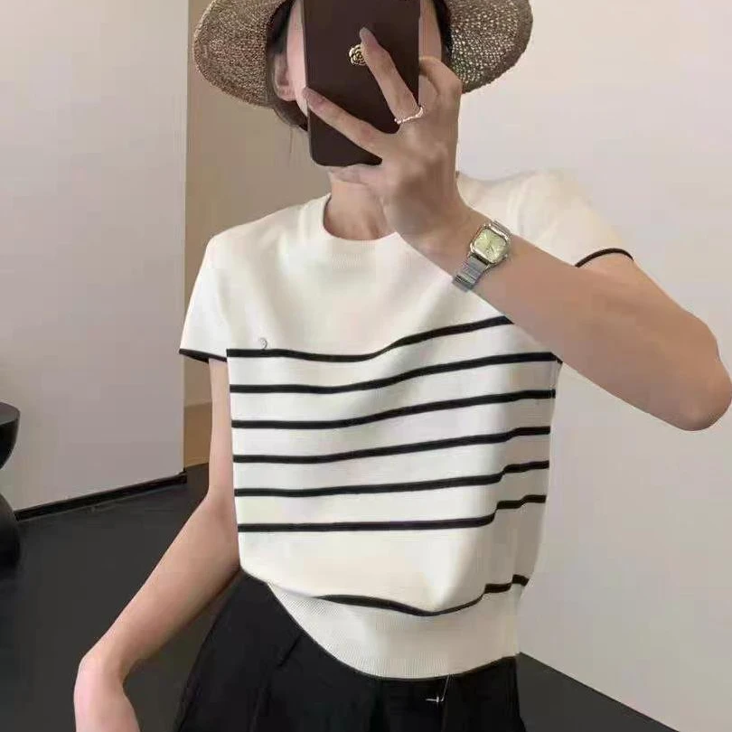 2025新款韩版气质百搭短袖冰丝针织上衣女条纹撞色圆领套头T恤女
