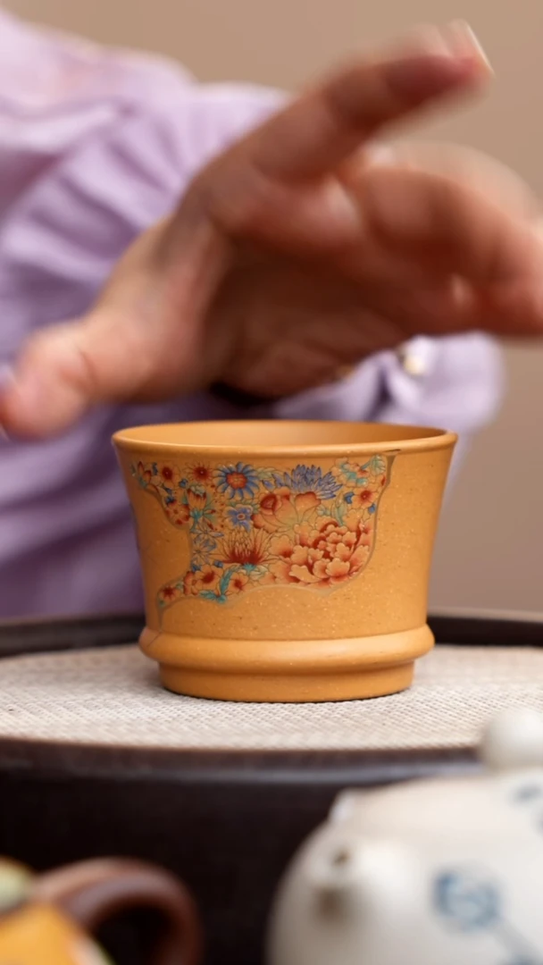 茶壶紫砂黄金段线韵杯金蝶恋花