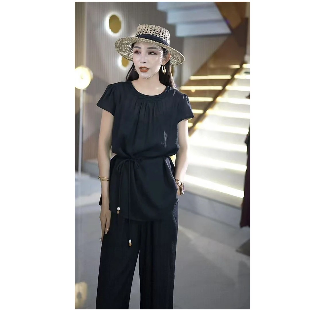 高定大牌夏季时尚百搭细带显瘦直筒裤纯色女士套装yf889401TZ