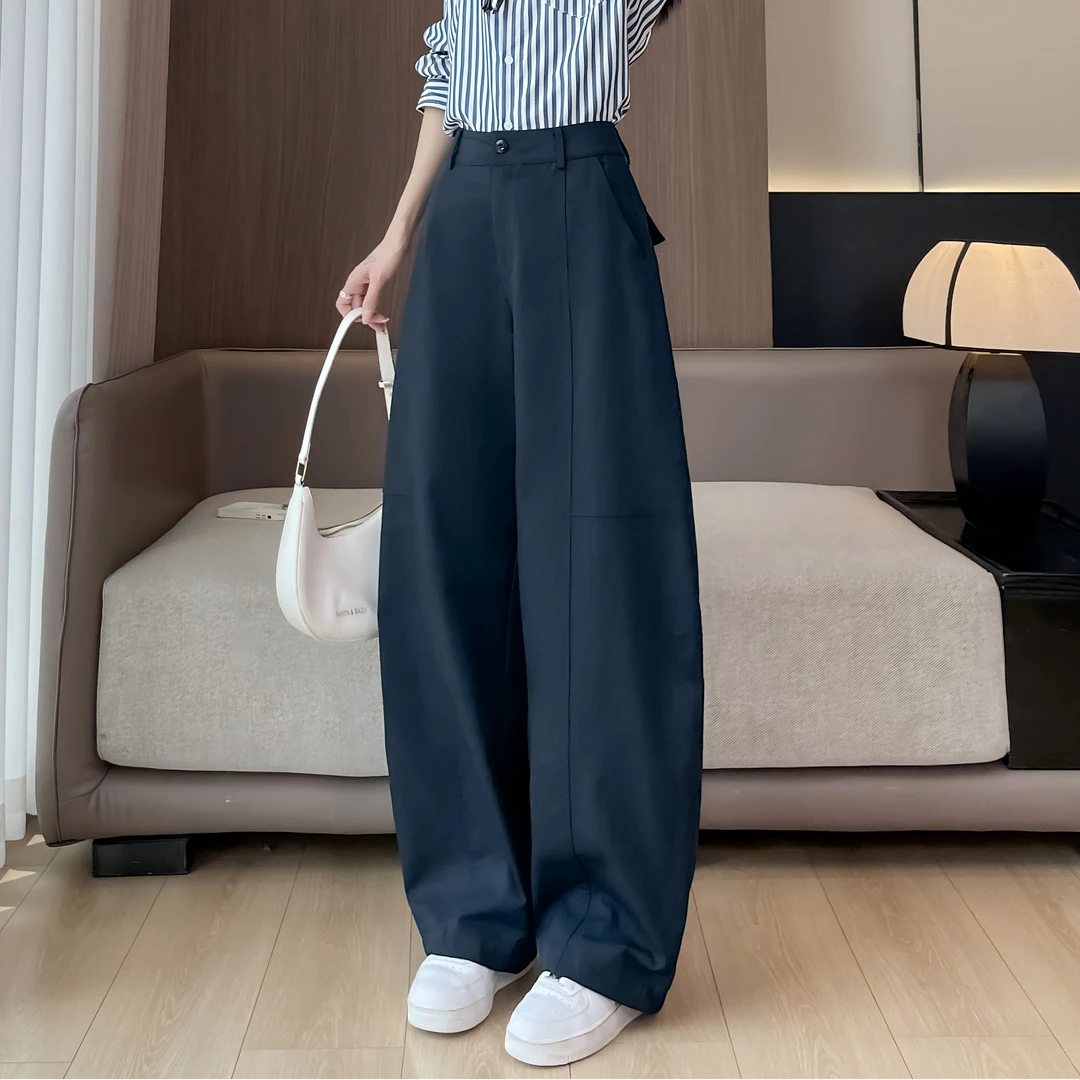 藏蓝色加绒香蕉裤女春秋2025新款高腰美式垂感慵懒风宽松阔腿裤子