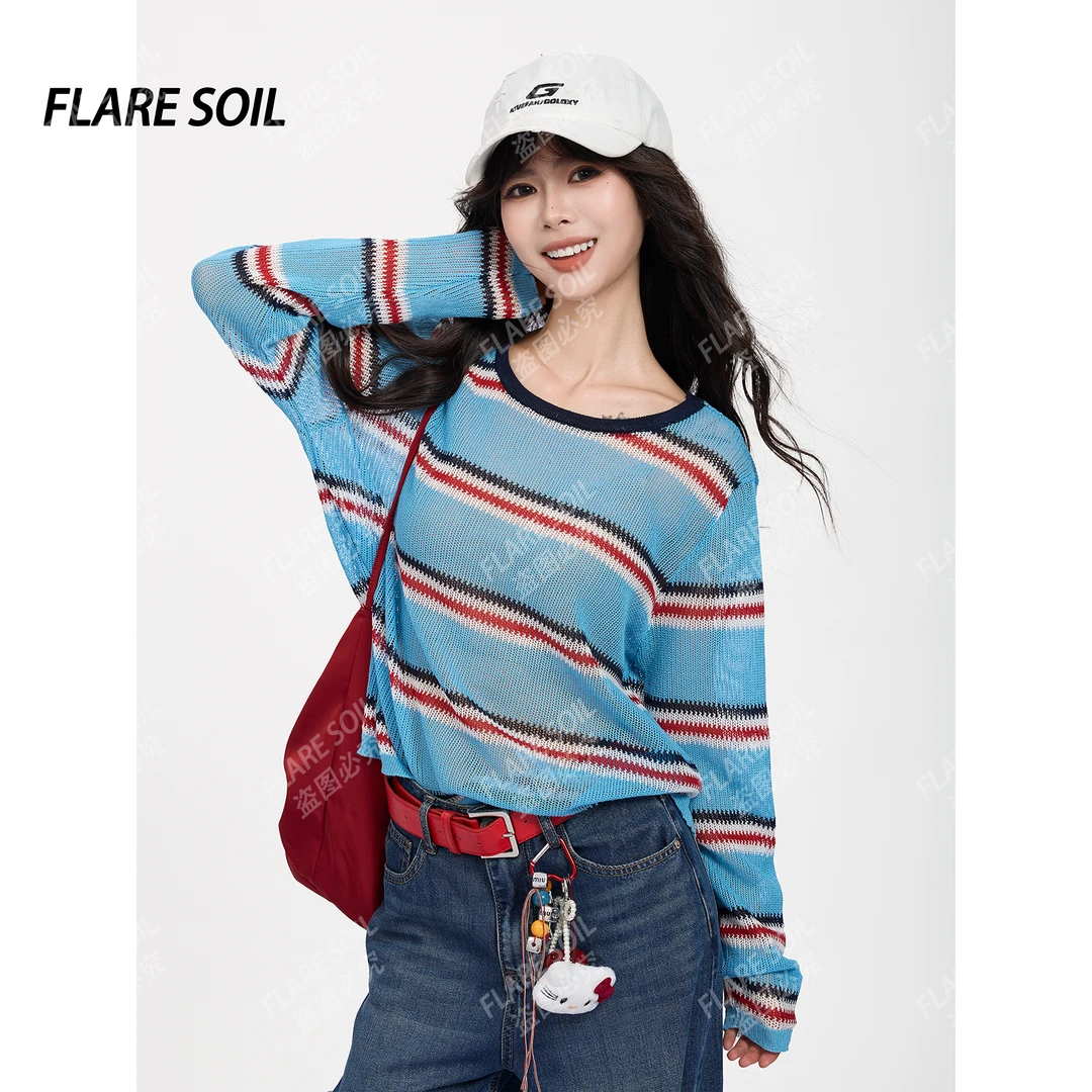 【FLARE SOIL】（现货）透气条纹少女慵懒风夏季针织衫防晒圆领T417A