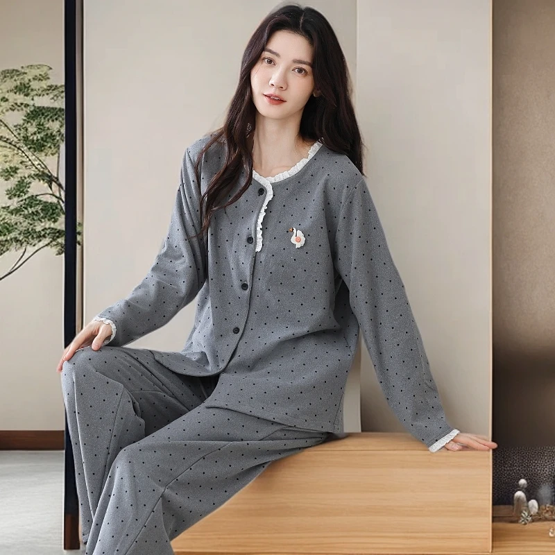 加厚德绒睡衣女秋冬季新款波点长袖开衫圆领保暖女款可外穿家居服