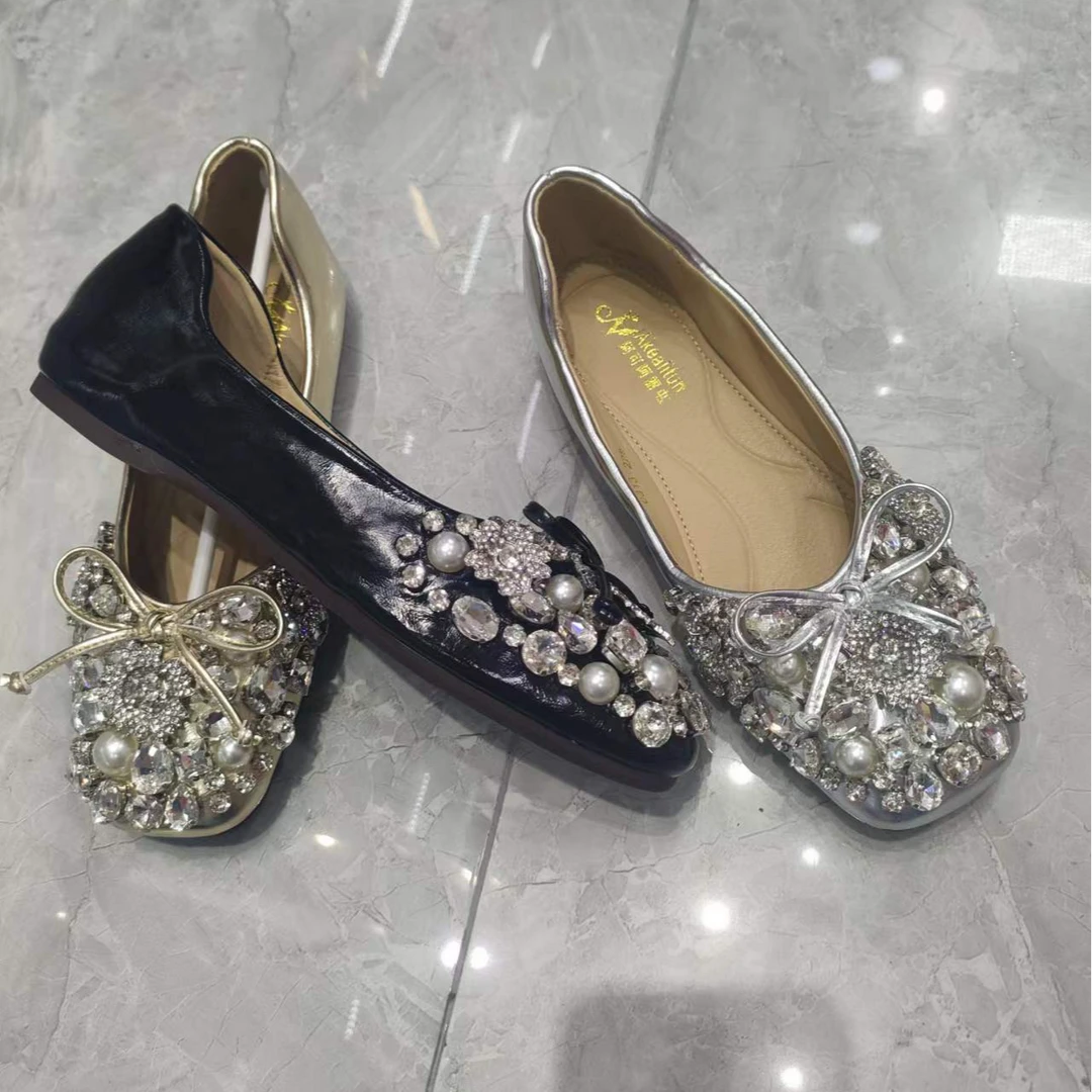 跟鞋皮鞋时尚高跟水钻水钻扣饰方头鞋方头鞋子浅口单鞋平底气质