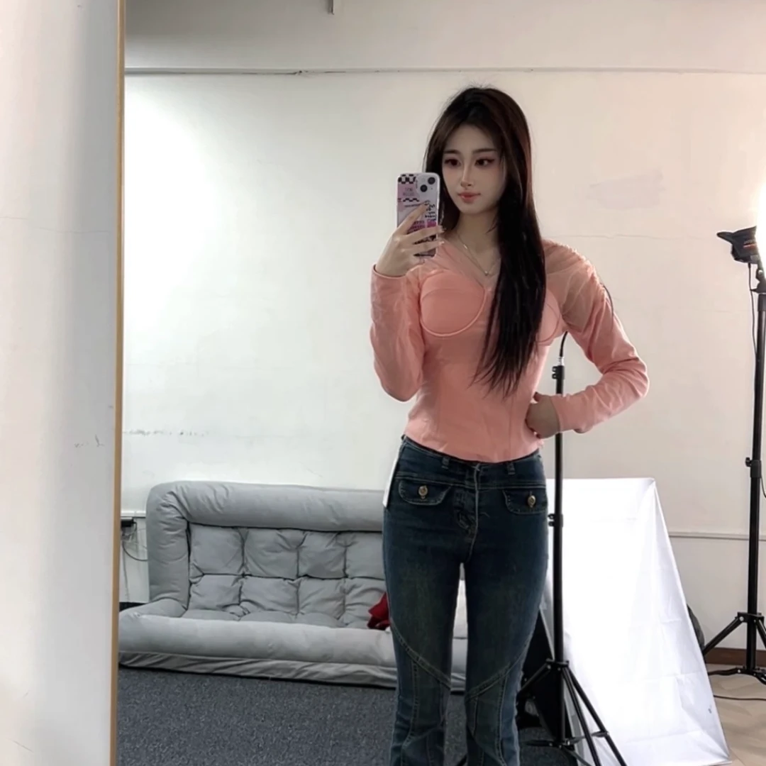 辣妹高级感网纱拼接长袖上衣显瘦