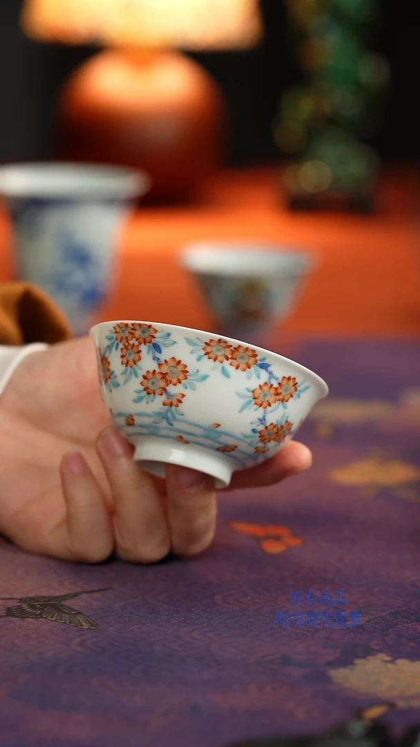 望玉斗彩桃花流水杯