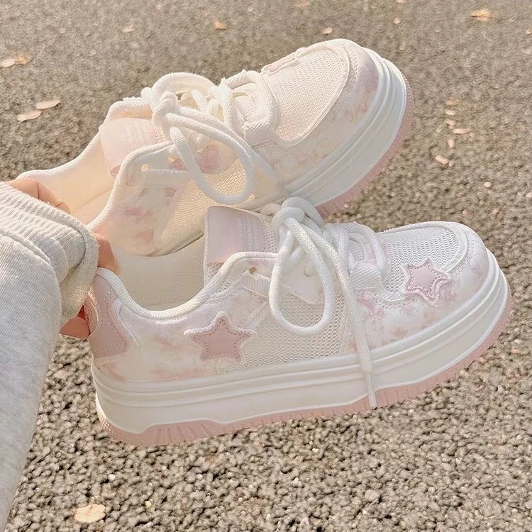 粉色厚底面包鞋女鞋小众星星板鞋2025春夏款百搭透气网面鞋休闲鞋