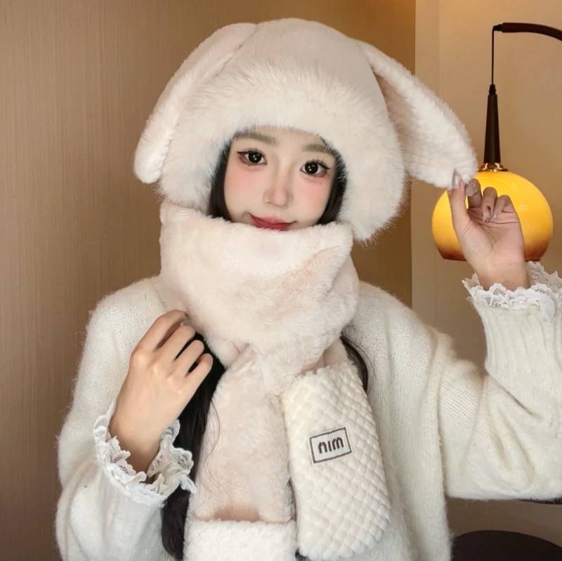 冬季加厚长耳兔小兔子帽子围巾手套一体三件套可爱减龄甜妹可爱
