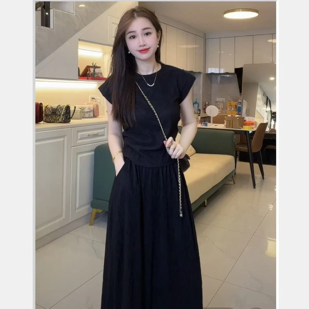 新款简约百搭千叶时尚短袖长裙套装2044