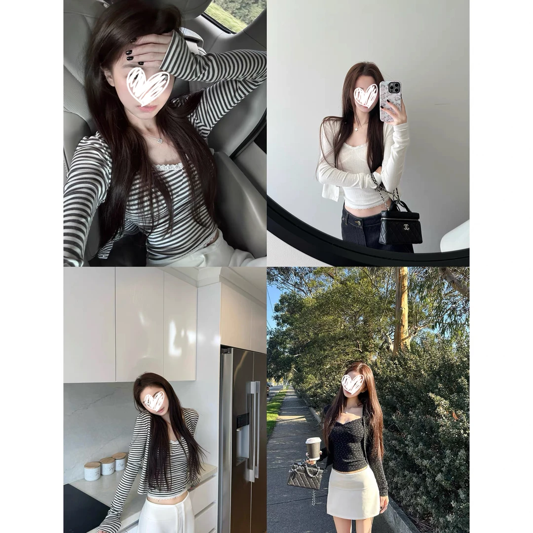 U型领长袖短开衫针织衫+蕾丝花边拼接吊带两件套女秋季撞色时尚T