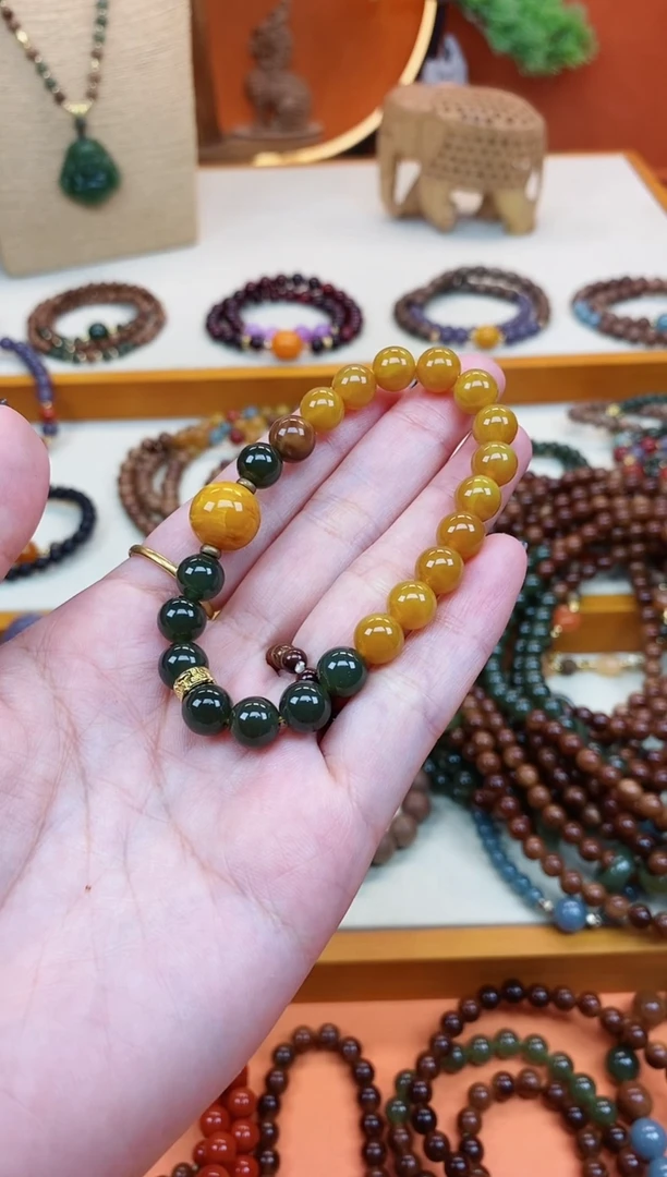 未镶嵌蜜蜡手链单圈蜜蜡和田菠菜绿手串