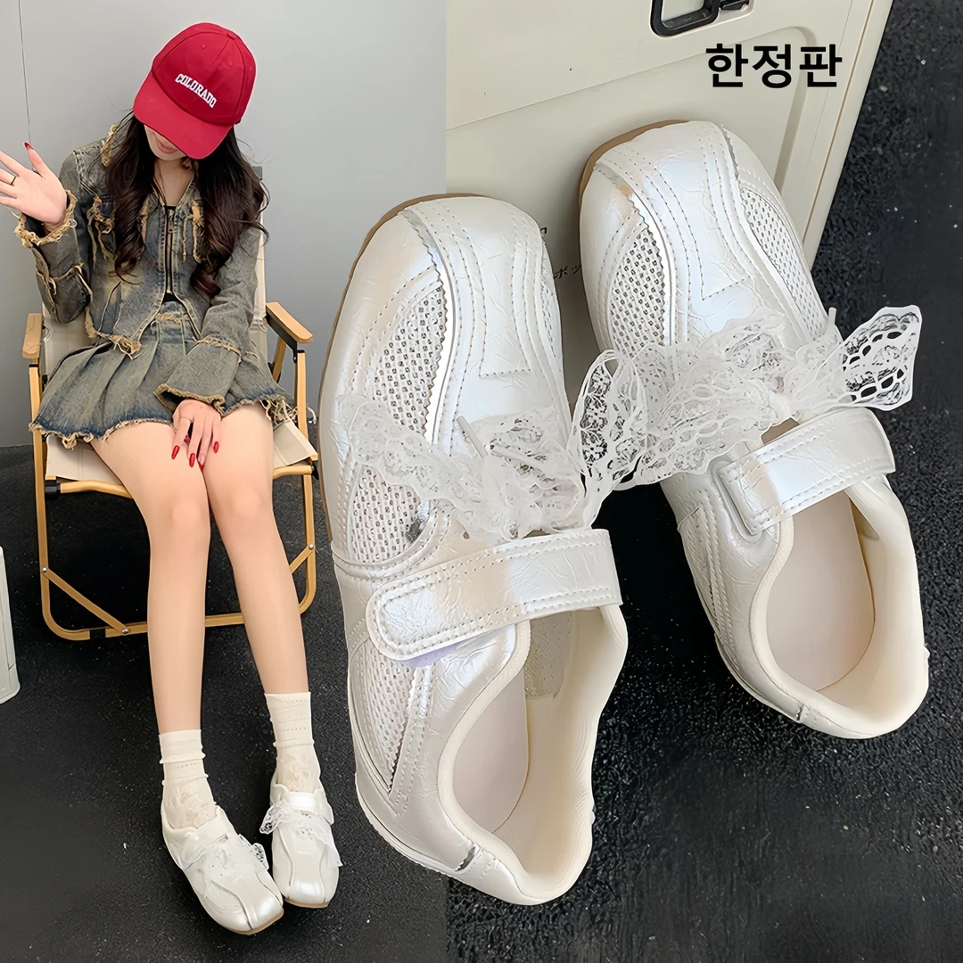 欧若风2025夏季新款复古魔术贴德训鞋网纱透气丝带小白鞋休闲鞋