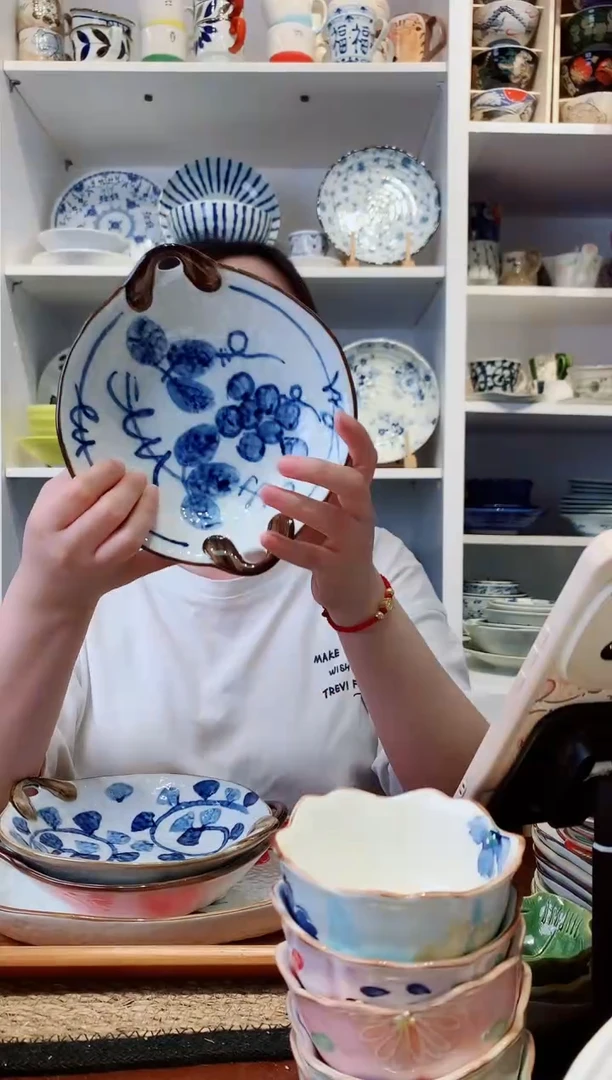 陶瓷葡萄花双耳盘