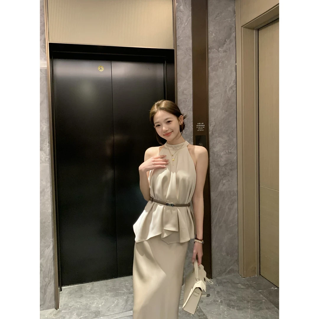 【矜贵佳人】高级感无袖挂脖无袖气质缎面上衣半裙套装小众设计时尚