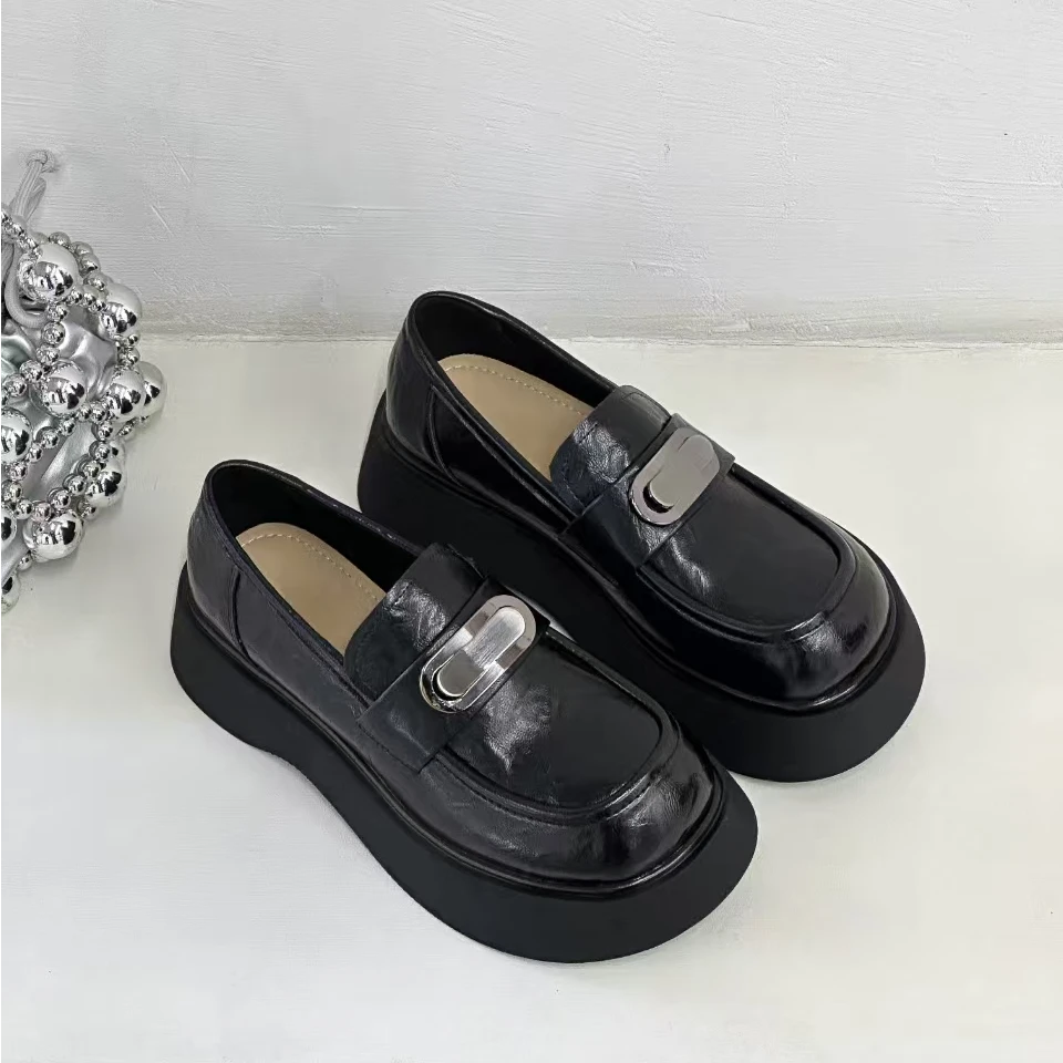 黑色小皮鞋通勤懒人一脚蹬乐福鞋圆头粗跟百搭乐福鞋