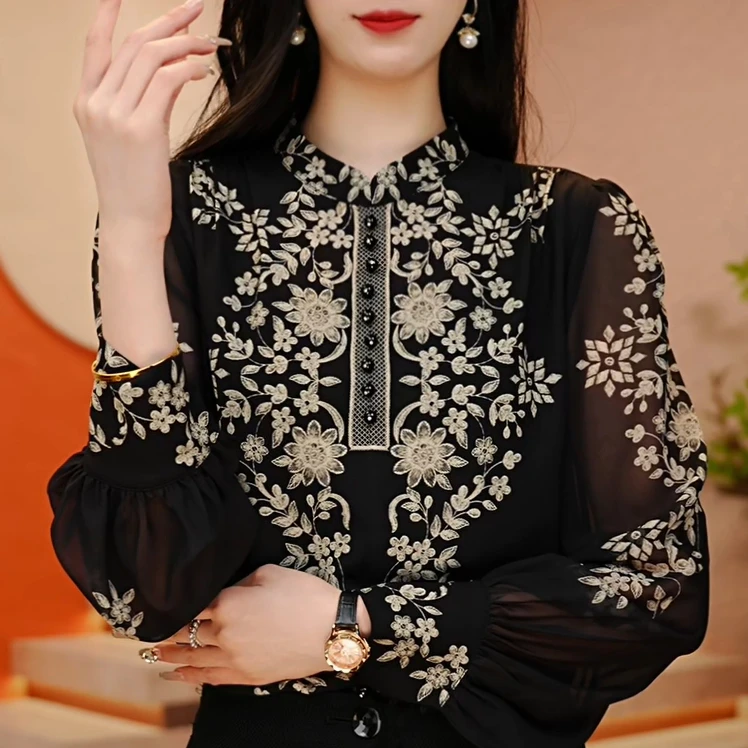 F246025-新款琉璃双皱丝洋气时尚显瘦休闲气质印花女士长袖上衣