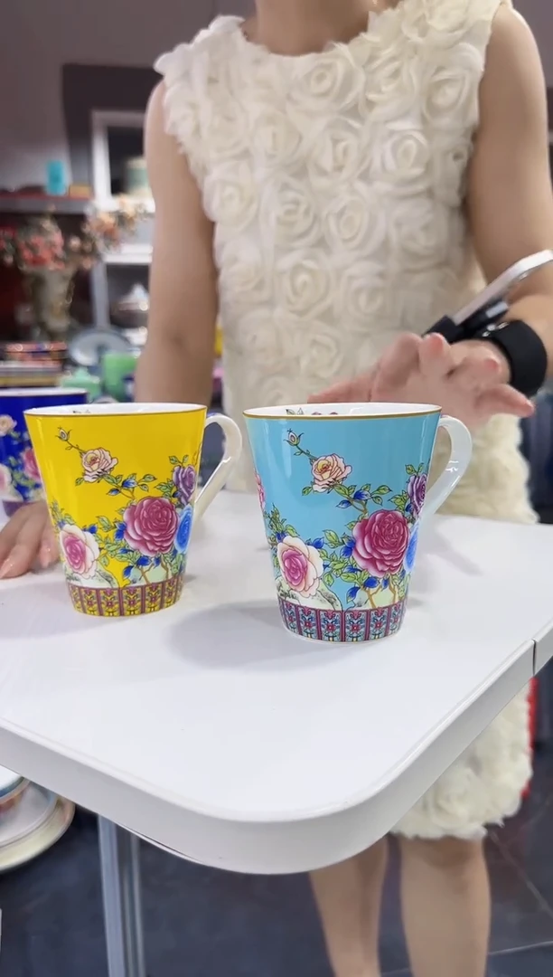 珐琅  牡丹花卉水杯2只装景德镇陶瓷