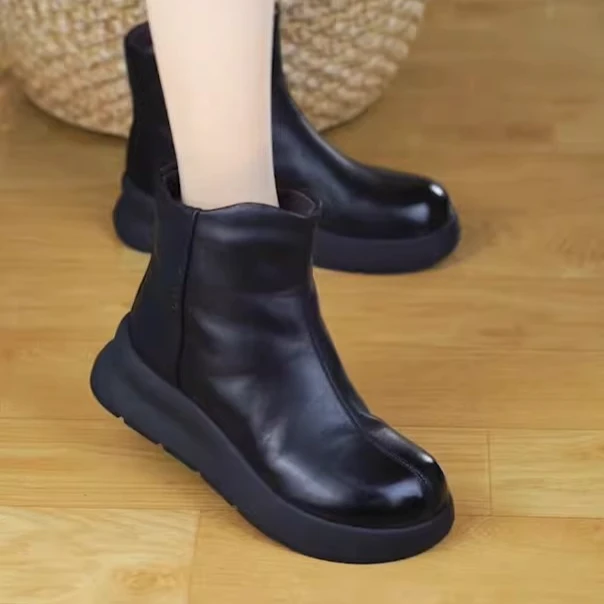 8935真皮休闲羊毛皮毛一体保暖棉靴冬季厚底坡跟短靴女圆头马丁靴