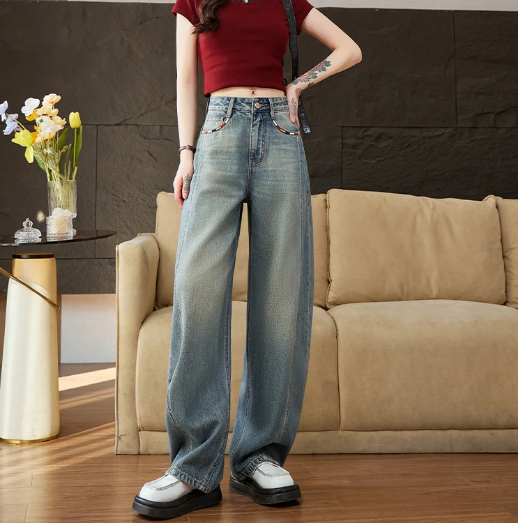 显瘦春秋弯刀牛仔裤女新款小个子阔腿韩版复古镰刀直筒裤子垂感