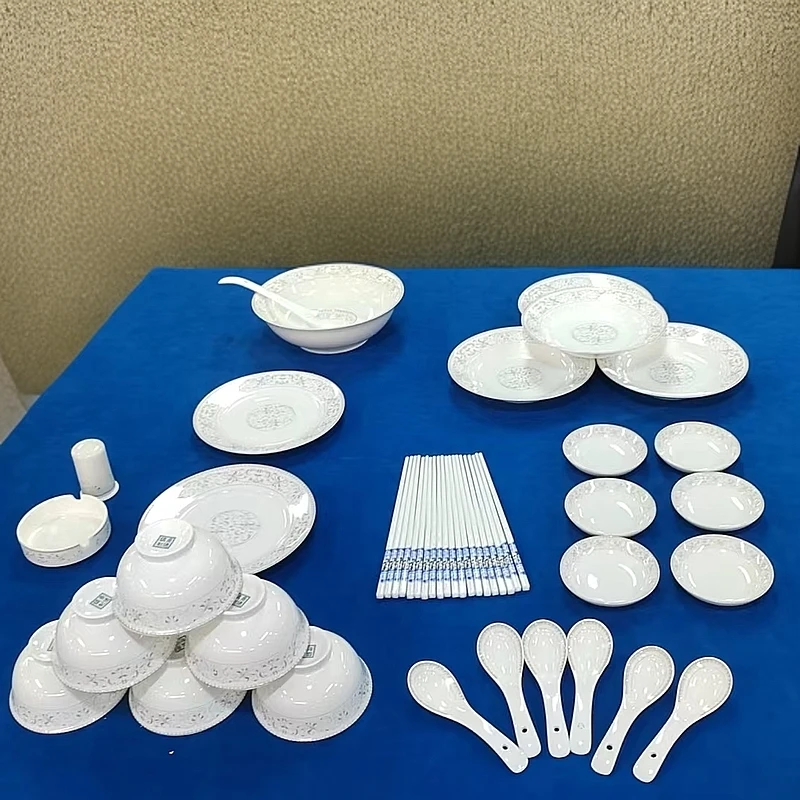【38头套装】家用陶瓷防滑太阳岛套装白色手工餐具筷子碗碟盘子