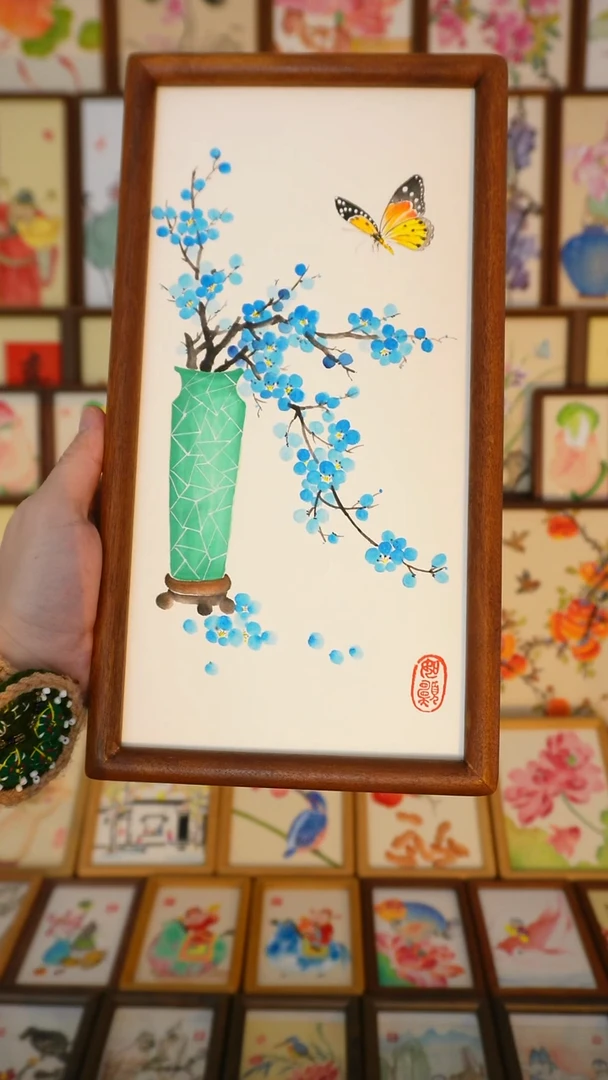 17*32实木框蓝梅蝴蝶