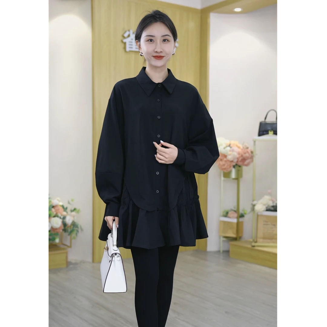 2025春季新款女装时尚减龄翻领衬衫设计感宽松荷叶边显瘦连衣裙子