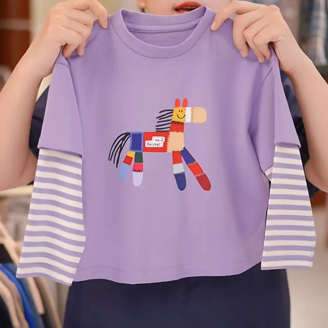 幂姐童装 儿童长袖T恤2025新款秋季百搭彩虹小狗假两件纯棉打底