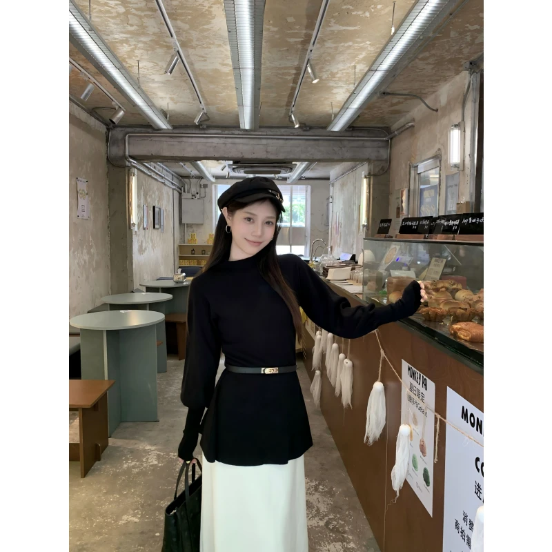 【配腰带】秋冬加厚毛衣女新款半高领灯笼袖针织显瘦收腰上衣