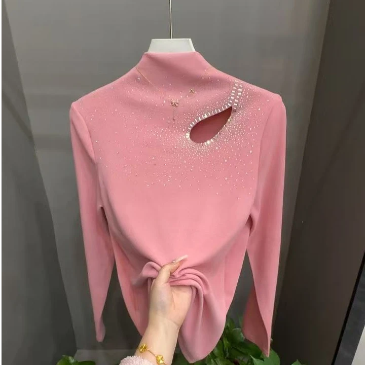 2024双面磨毛薄绒冬季显瘦遮肉钉珠粘钻镂空大码T恤808