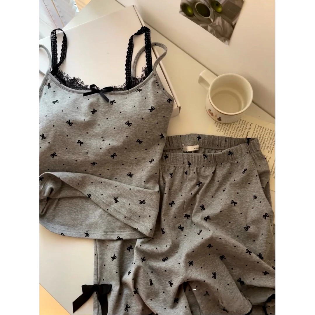 纯欲辣妹带胸垫蝴蝶结吊带睡衣女春夏季新款休闲时尚家居服套装