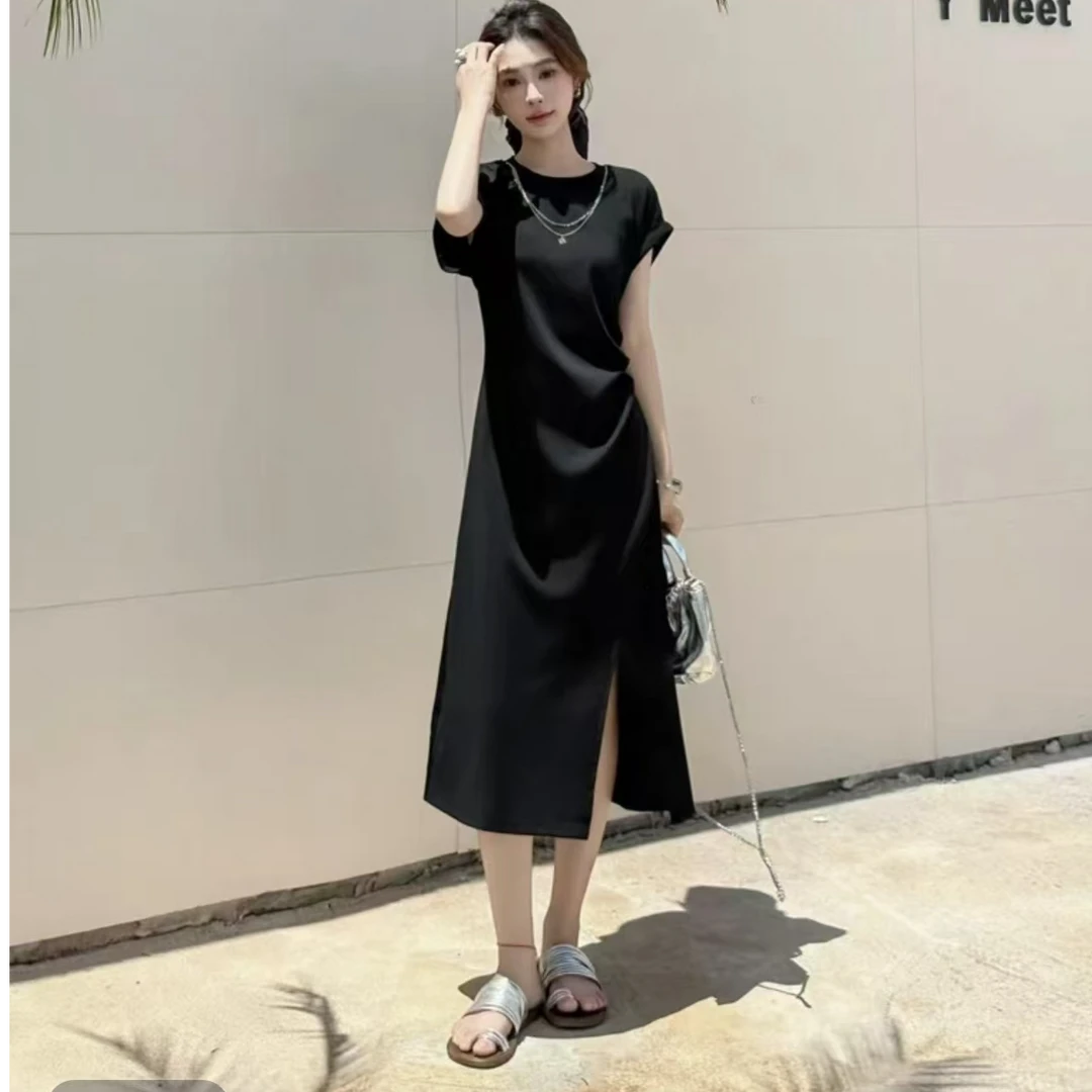 25123#（裙长108）小飞袖收腰显瘦今年流行开叉连衣裙 无项链