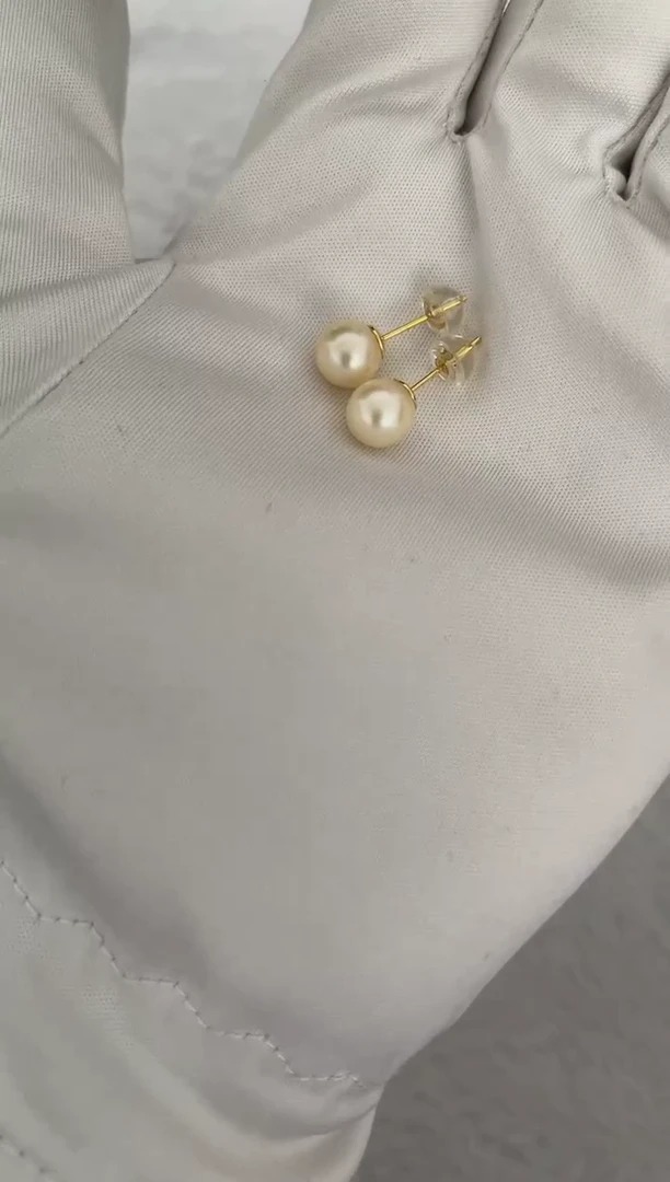 银S925镶嵌海水珍珠耳钉AK羽皇金素钉7-7.5mm