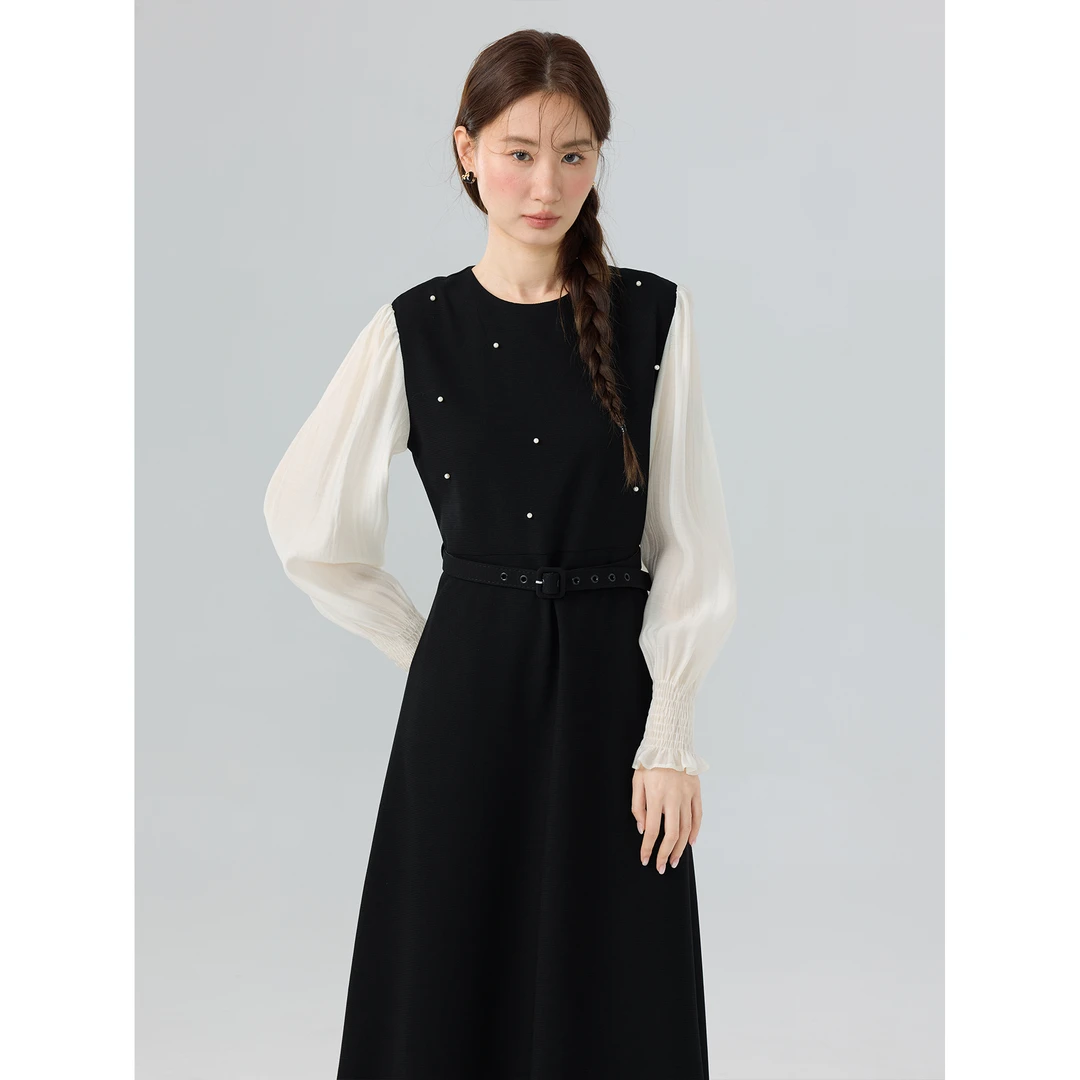 爱蔷薇大码小香风钉珠连衣裙春装女2025新款收腰黑色长裙GT75800