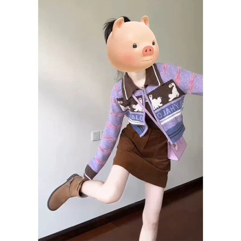 2025早秋新款韩系穿搭女翻领长袖拼色毛衣开衫百搭高腰显瘦半身裙