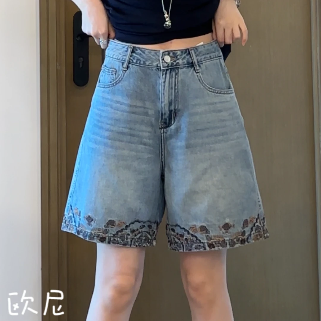 欧尼私服 2025夏时尚百搭显瘦刺绣牛仔裤阔腿短裤2505C3036