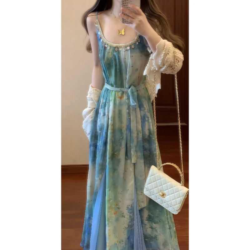 【大海传说】法式复古晕染贝壳装饰宽松吊带连衣裙海边度假长裙9685