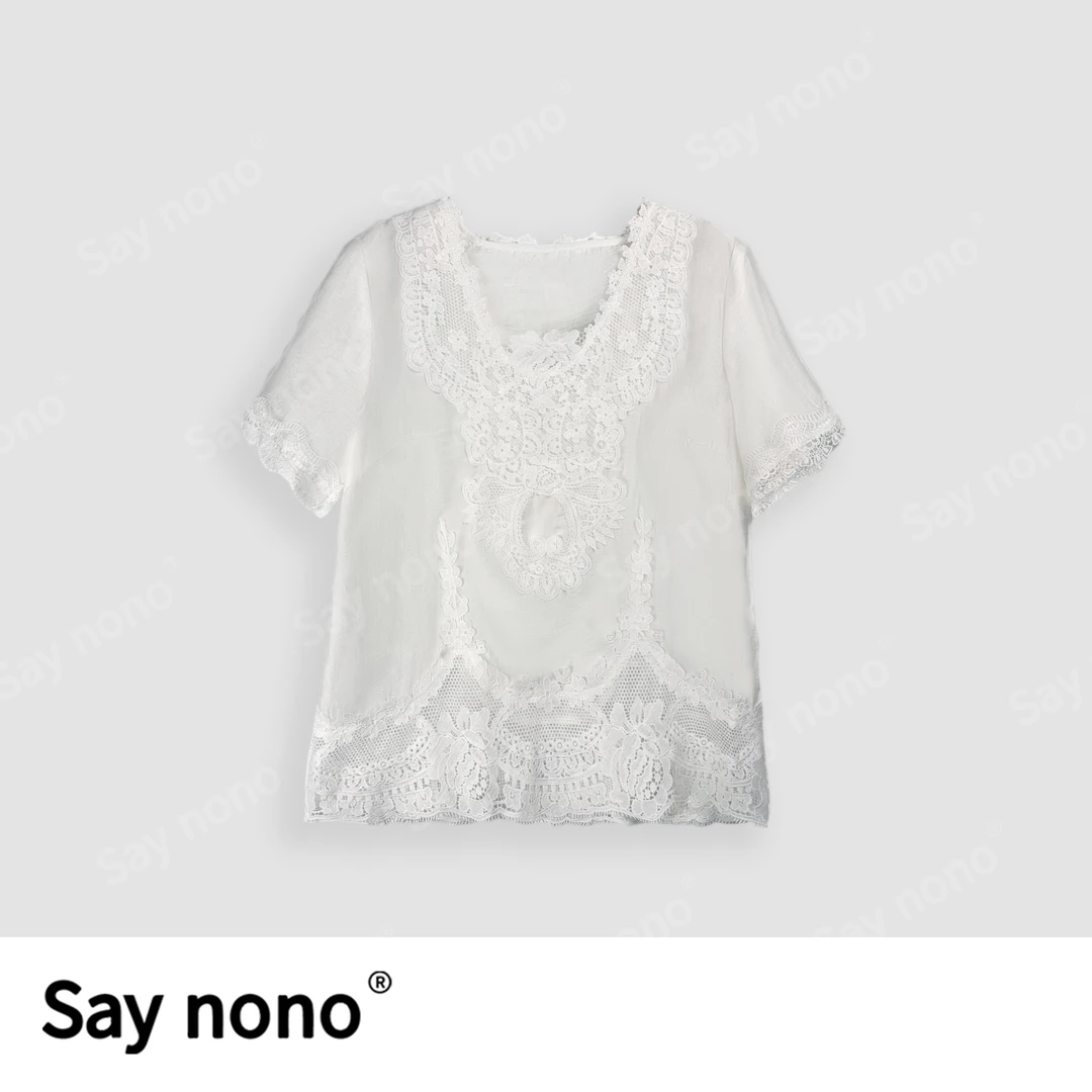 懒猫nono│Saynono夏装蕾丝设计感小众洋气百搭气质T恤H32808X