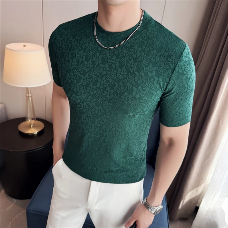 男士短袖T恤夏季薄款提花圆领修身弹力打底衫潮流上衣半高领体恤