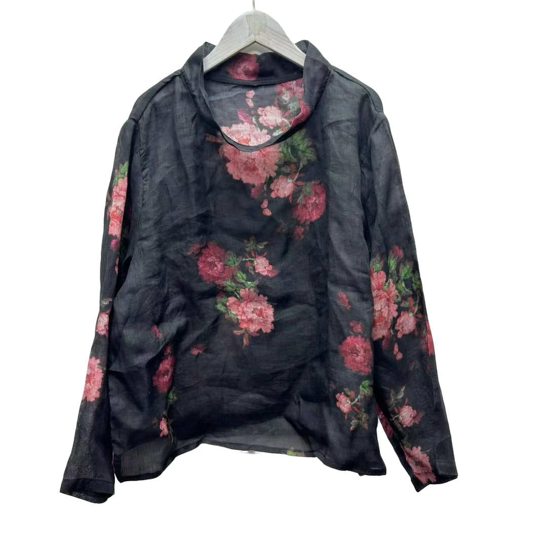 依佳#9923圆领夏款花色苎麻套头休闲百搭衬衫(衣长60胸围120)