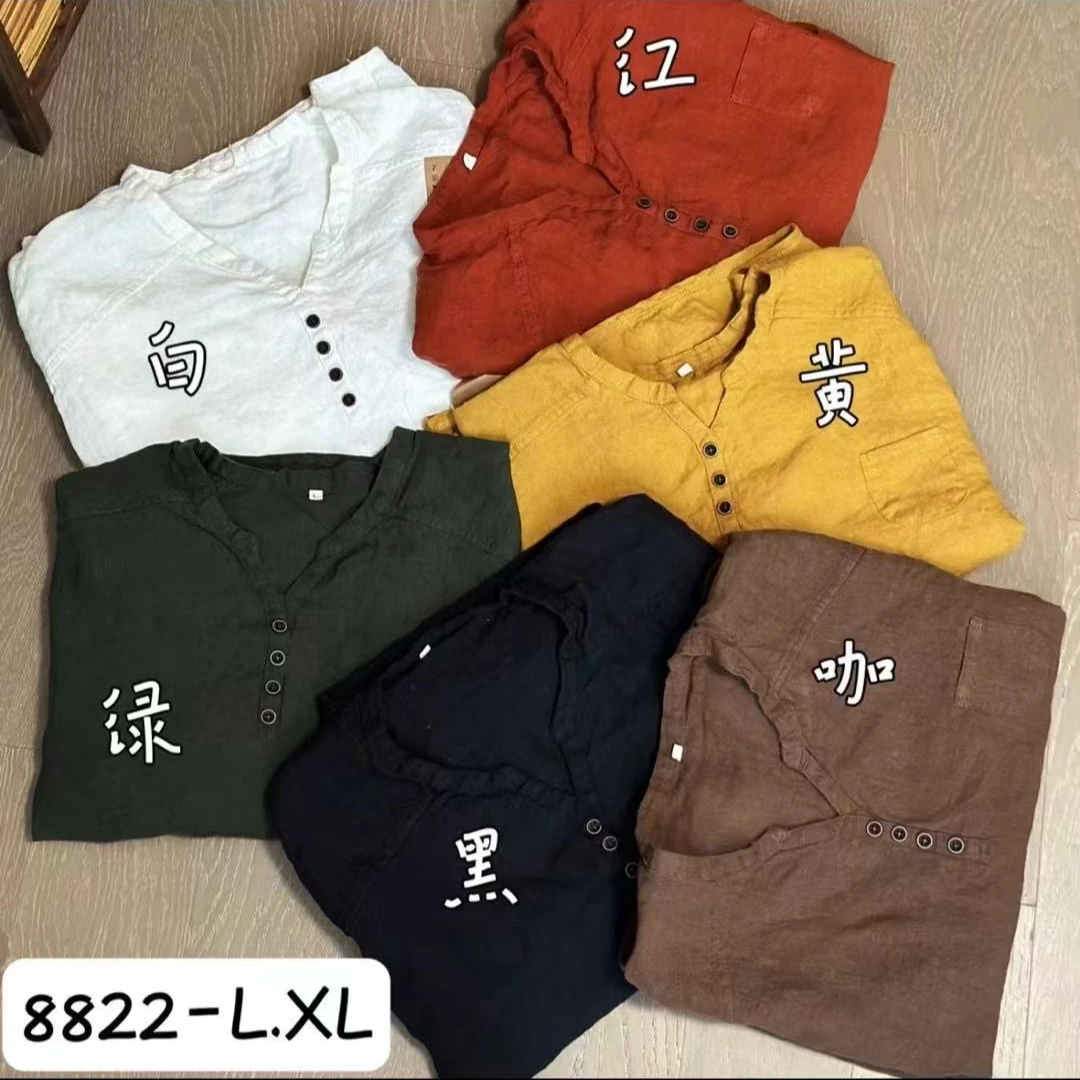 女士V领纽扣亚麻套头小衫8822