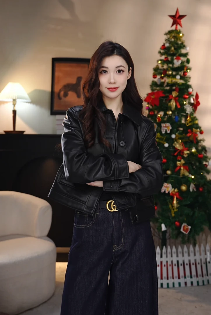 2025春季短款翻领网红时尚百搭皮衣工装风秋女士时尚皮外套5517