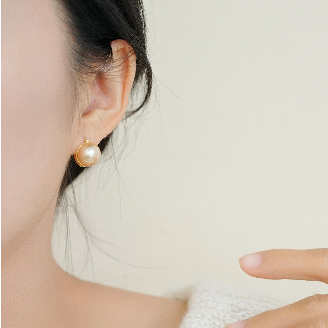 铜合金耳饰 925纯银针法式复古香槟色贝珠耳扣轻奢高级气质耳钉