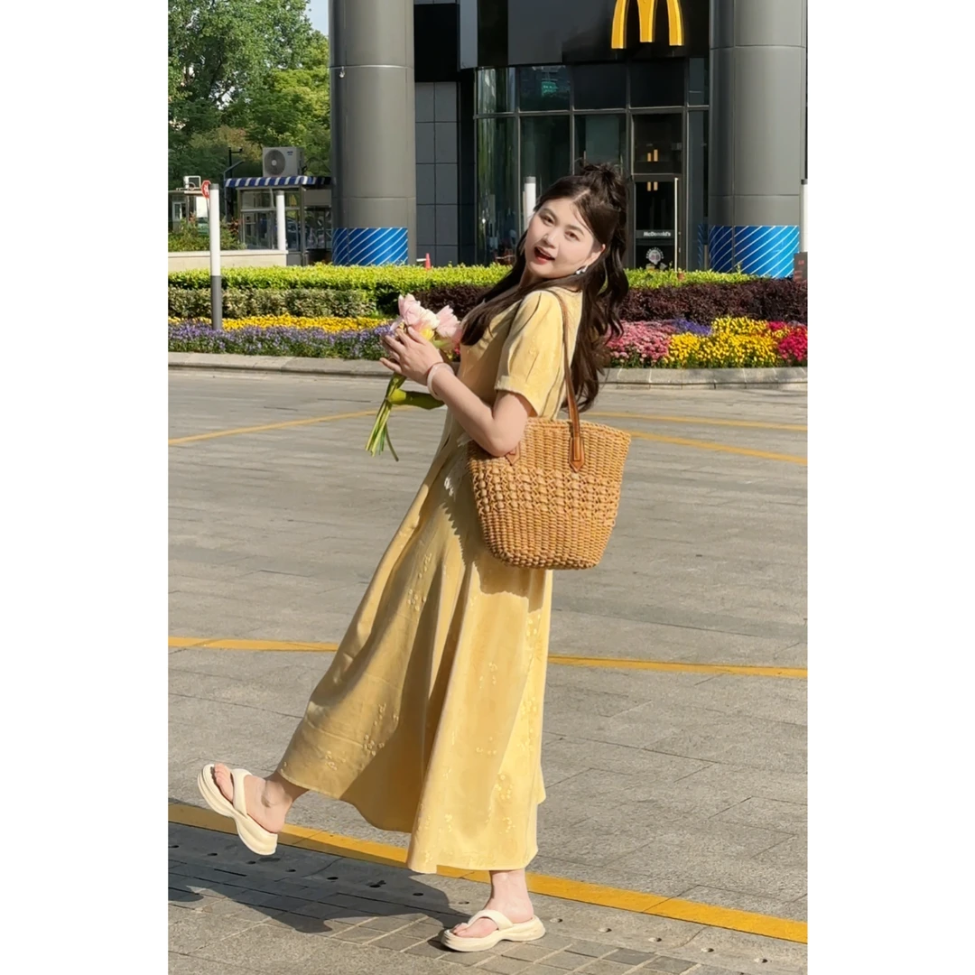 张小稳~大码法式气质温柔收腰裙子春夏新款微胖MM显瘦短袖连衣裙