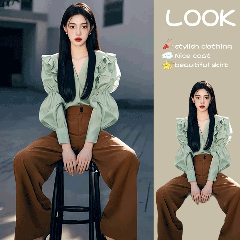 早春时尚一整套女装2025新款韩版气质荷叶边减龄衬衫阔腿裤两件套