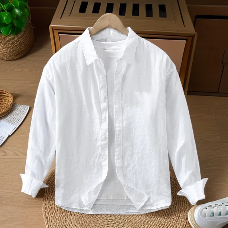100%纯亚麻[宽松版]春夏复古长袖衬衫男宽松百搭上衣薄款麻料衬衣