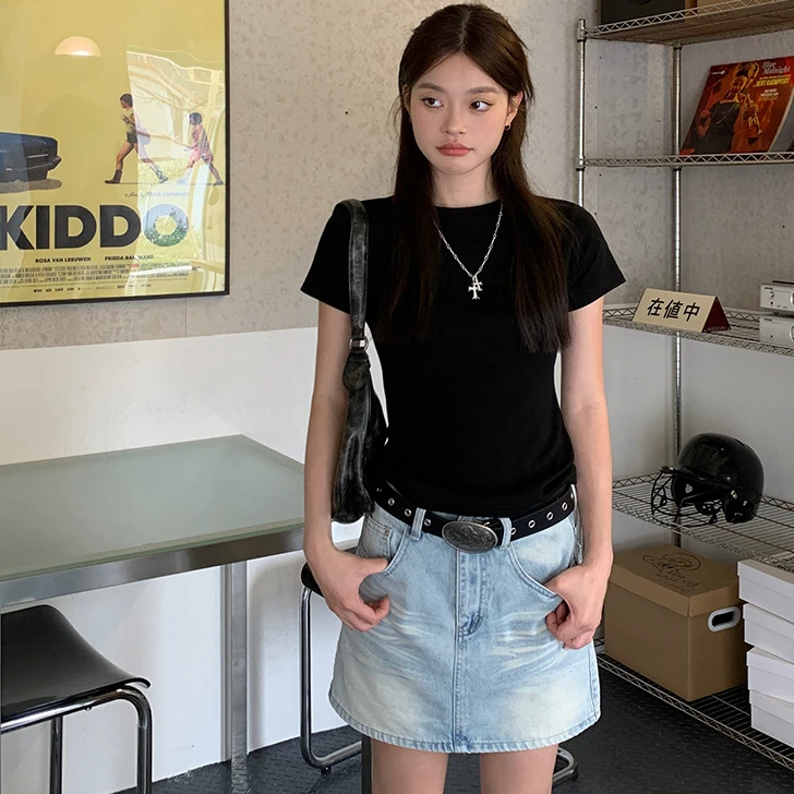 【格雷系极简风】基础款百搭短袖T恤圆领修身正肩打底上衣短袖内搭