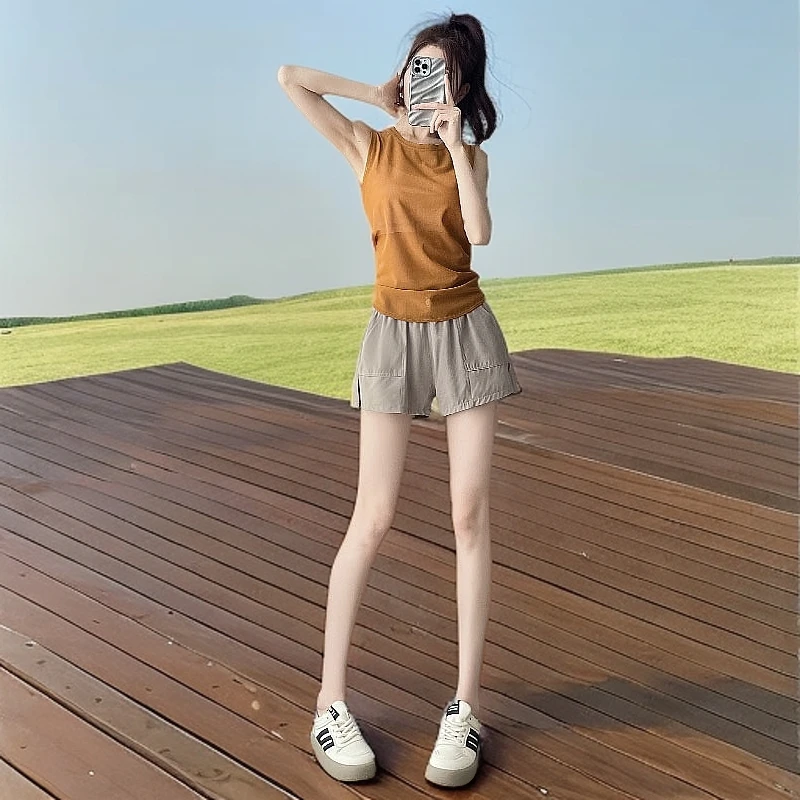 网红显瘦夏季速干女休闲背心健身衣套装宽松晨跑步冰丝短裤小个子