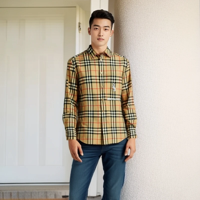 99新 BURBERRY/博柏利 11947326 独角兽刺绣格纹衬衫 卡其色 XS码