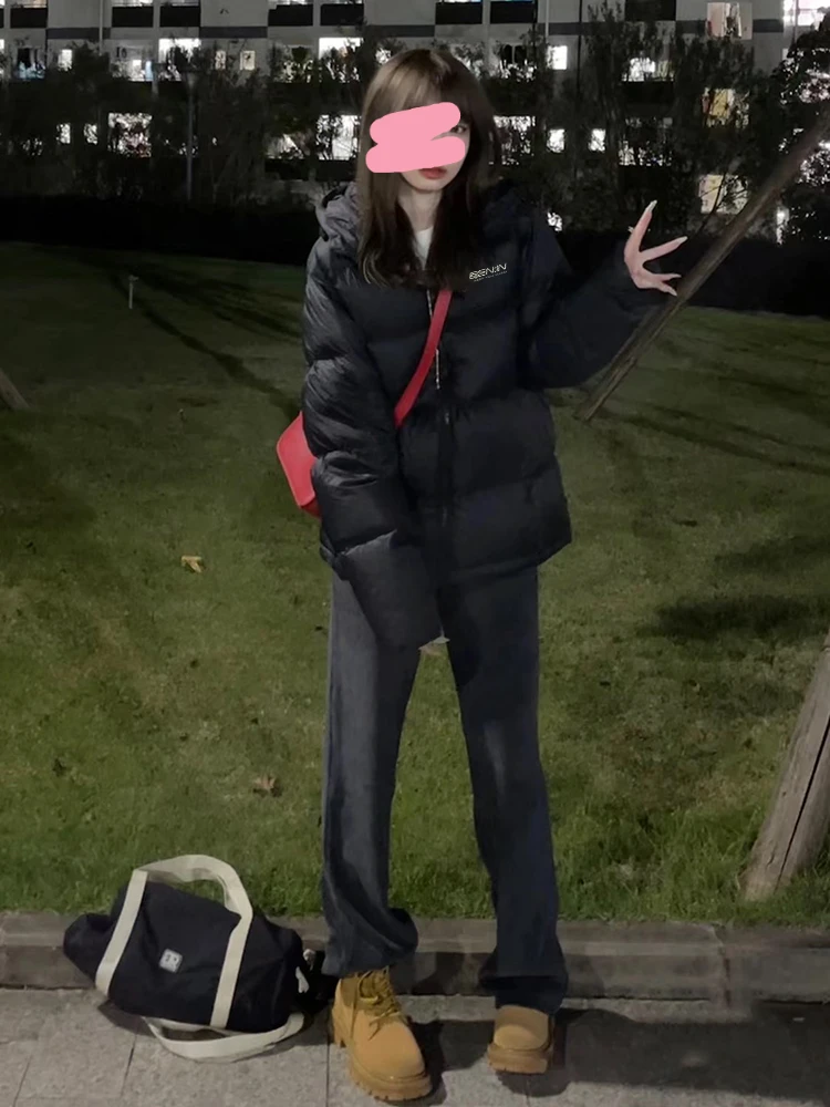 黑色白鸭绒羽绒服女冬季2025新款连帽韩版宽松学生显瘦面包服外套