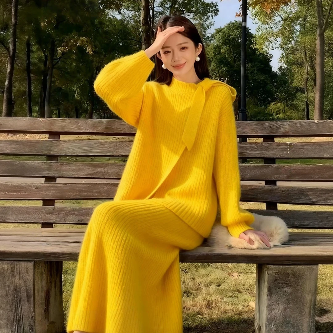 套富家千金miu系时尚套装女春秋黄色蝴蝶结系带毛衣半身裙两件套